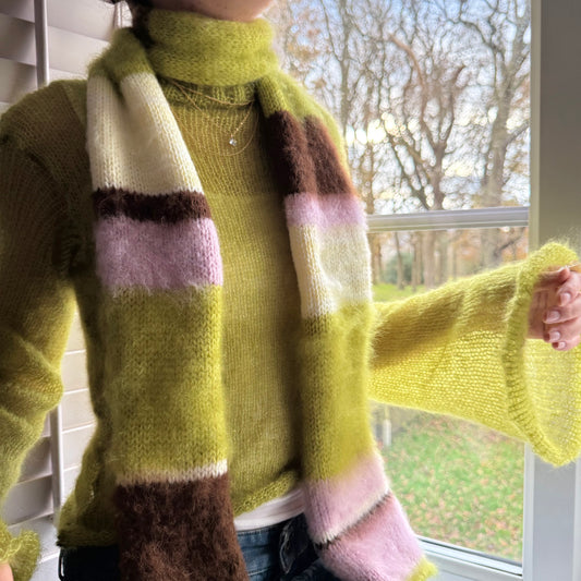 Handmade cream, olive green, brown and baby pink fluffy striped scarf - 1 off piece 🎀