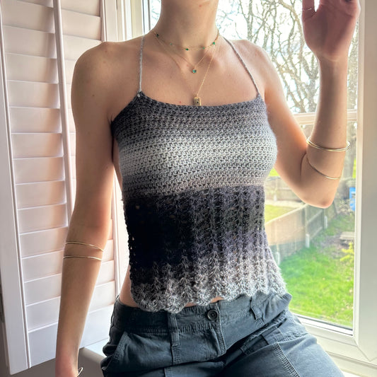 Handmade crochet lace cami top in ombré grey and black