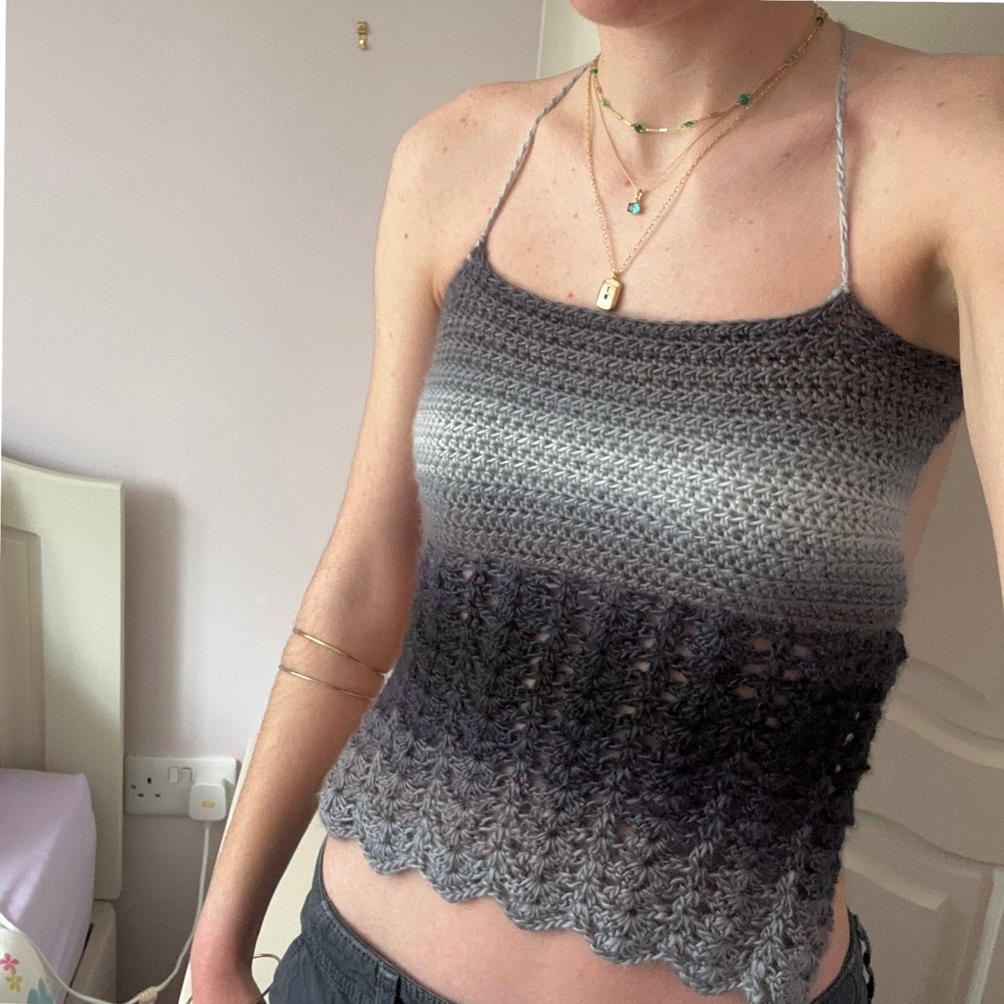 Handmade crochet lace cami top in ombré grey and black