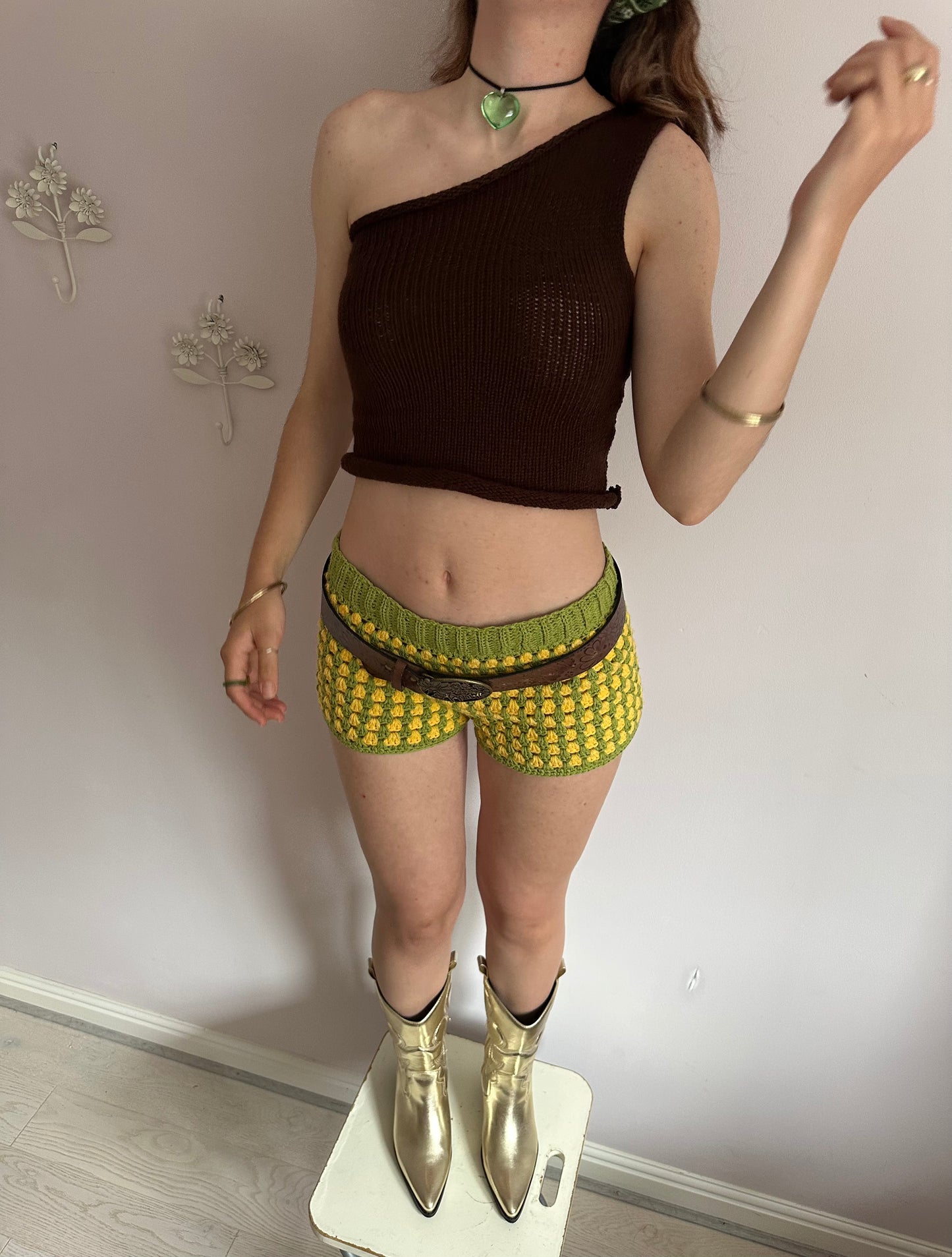 Handmade gingham crochet shorts in green and yellow
