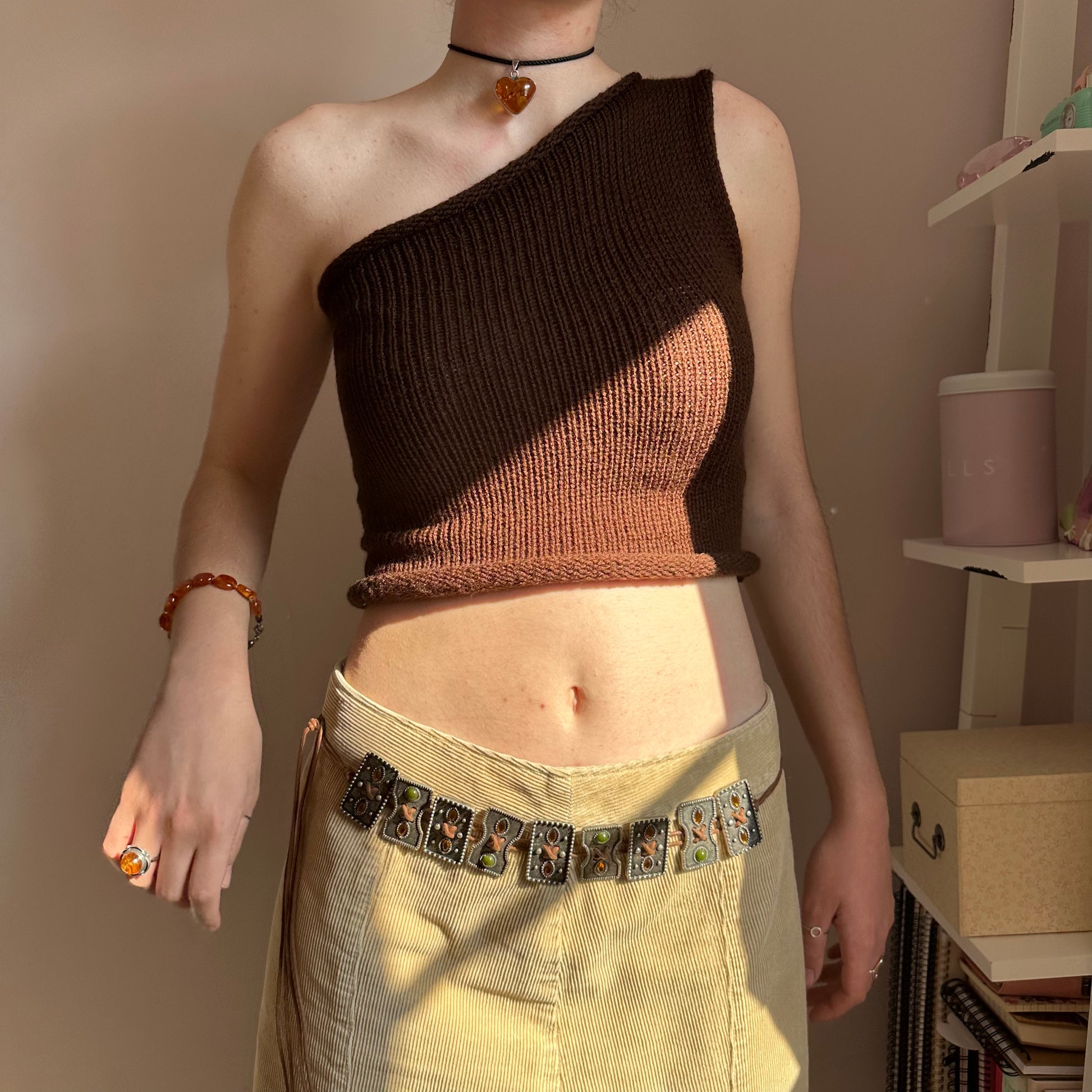 Handmade knitted brown asymmetrical one shoulder top