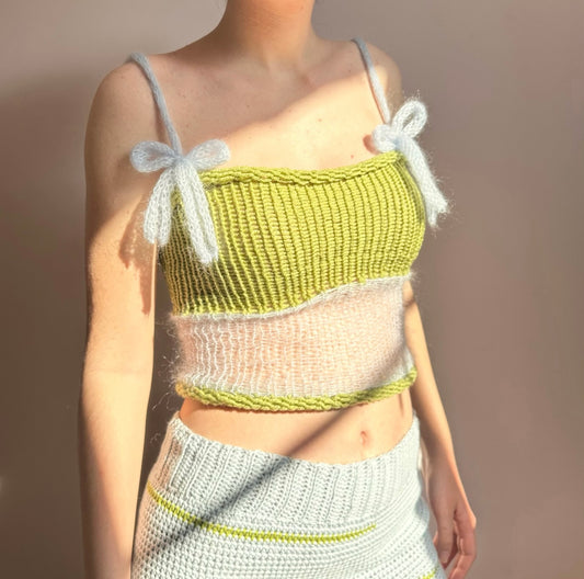 Handmade knitted mohair bow top in olive green and baby blue