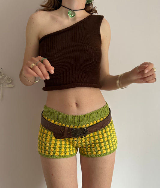 Handmade gingham crochet shorts in green and yellow