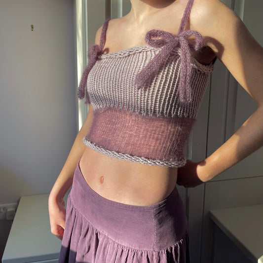 Handmade knitted mohair bow top in dusky pink and purple