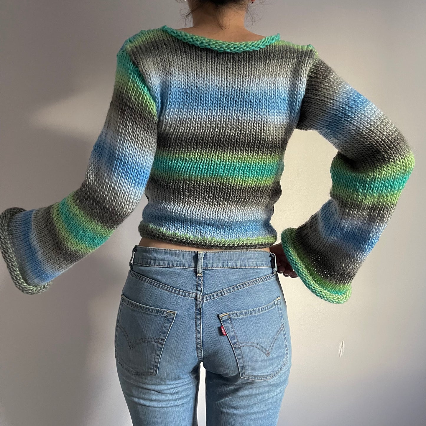 The Ocean Shades Sweater - handmade knitted flared sleeve jumper
