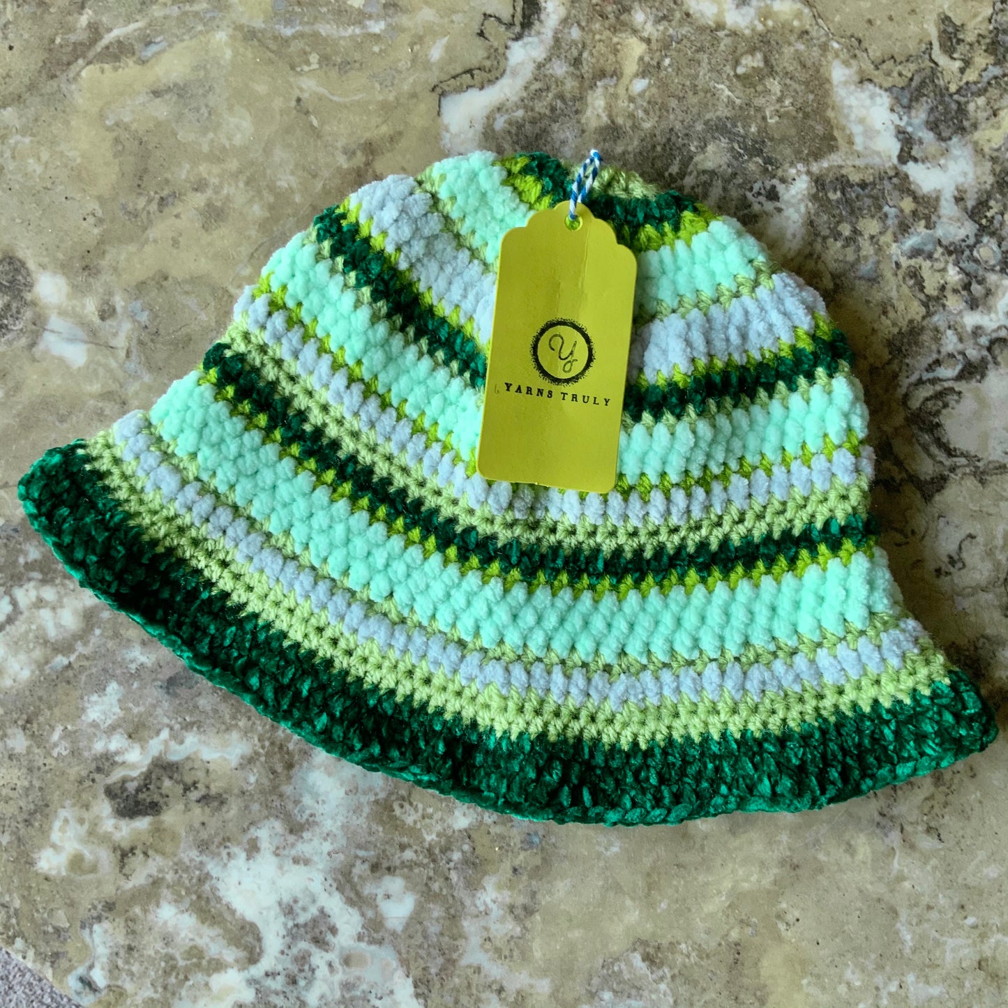 Handmade velvet striped crochet bucket hat in green shades