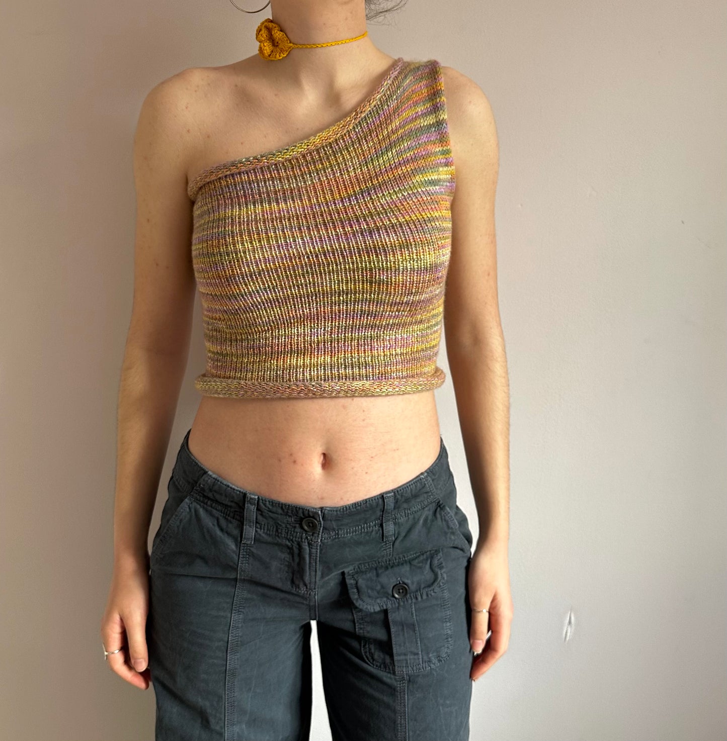 Handmade knitted one shoulder asymmetrical top in subtle earth tones