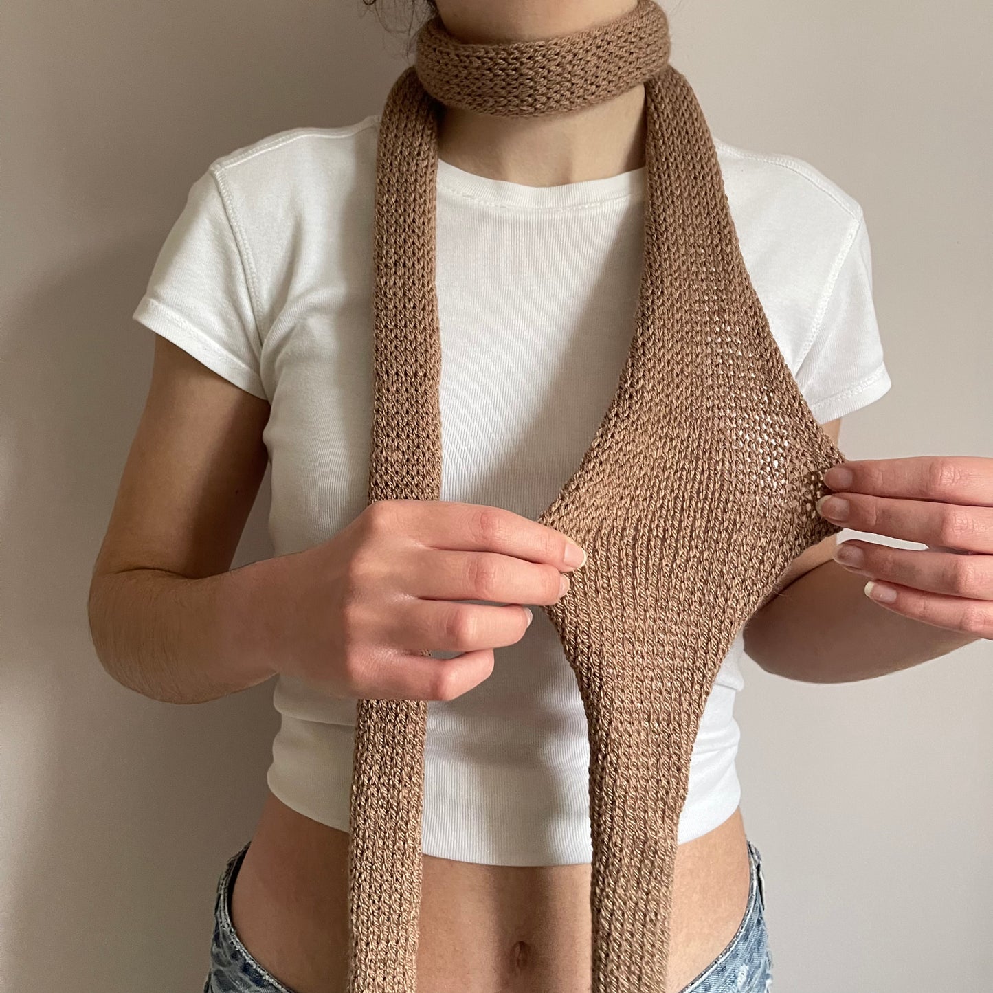 Handmade knitted skinny scarf in tan