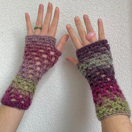 Handmade ombré green and purple crochet fishnet hand warmers
