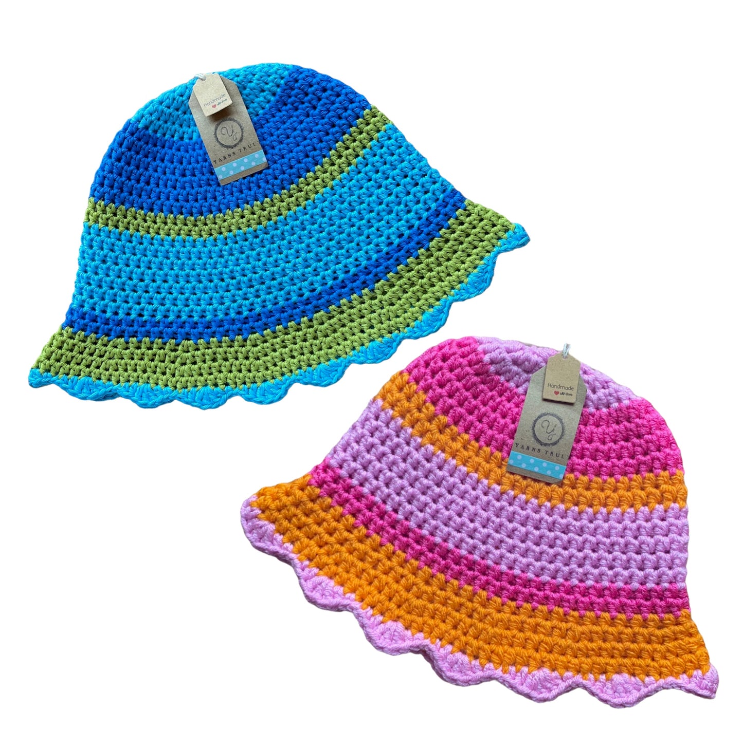 Handmade scallop edge crochet bucket hat in orange and pink