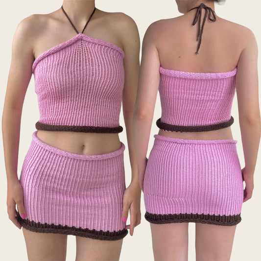 SET: handmade knitted colour block halter top and skirt in pink and brown