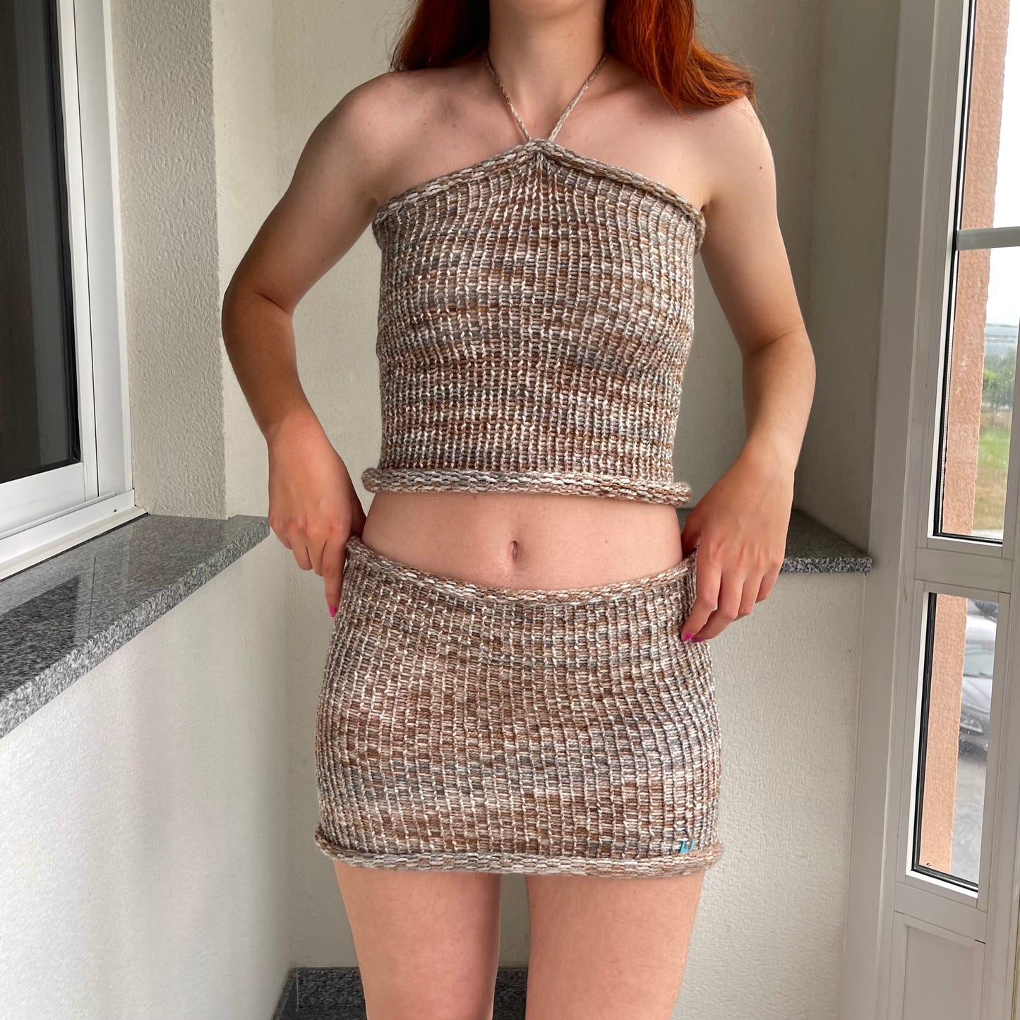 SET: handmade knitted halter top and skirt in light brown, beige and cream