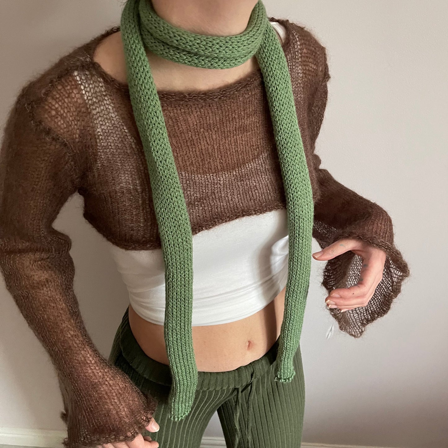 Handmade knitted skinny scarf in sage green