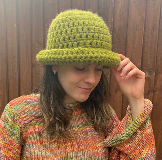 Handmade olive green chunky crochet bowler hat