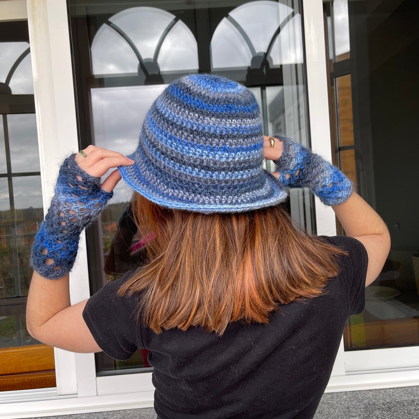 Handmade Blue Daze crochet fishnet hand warmers