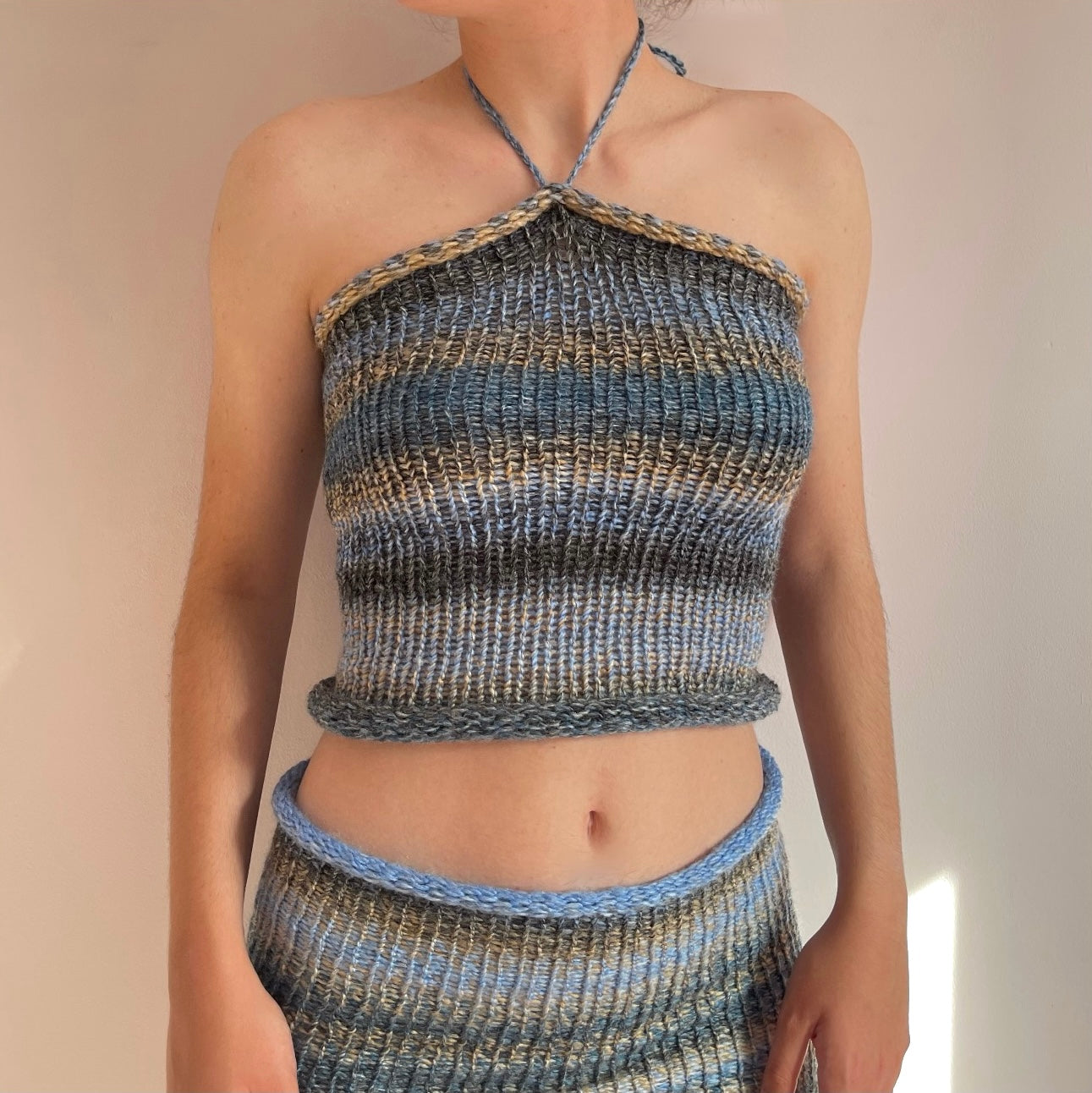 SET: Handmade knitted top and skirt in blue, beige and grey – Yarns Truly  Shop