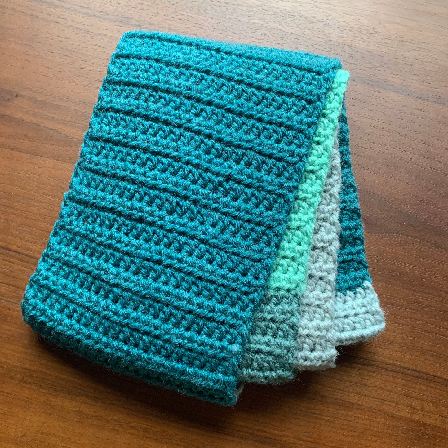Handmade teal colour block crochet scarf