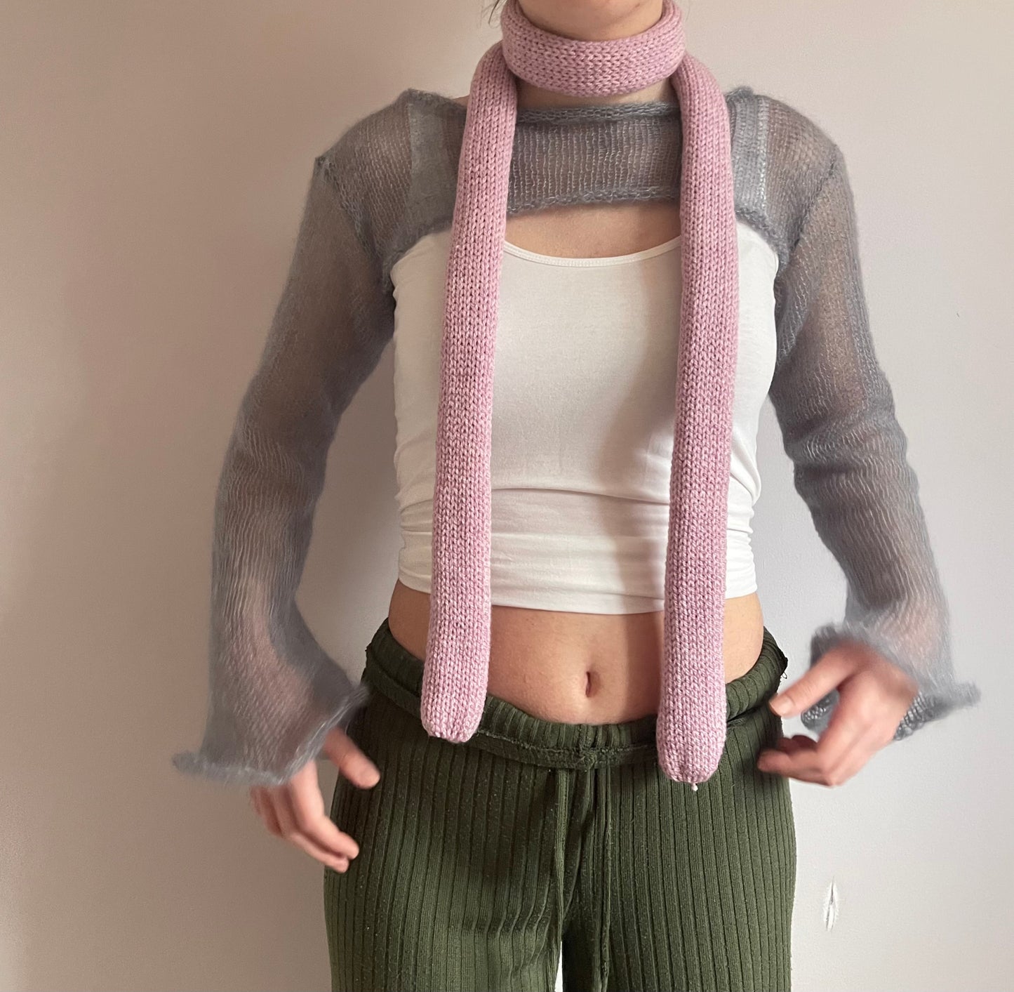 Handmade knitted skinny scarf in dusky pink