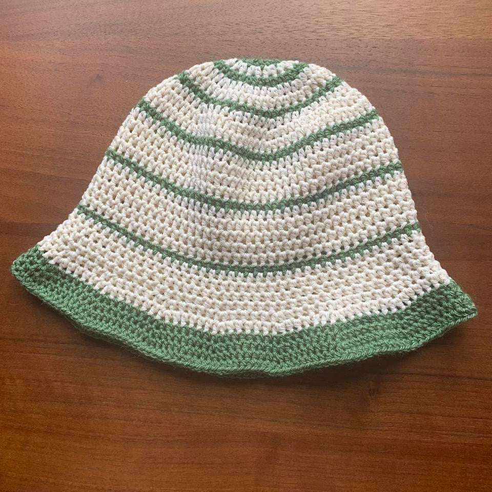 Handmade striped cotton crochet bucket hat in cream and sage green
