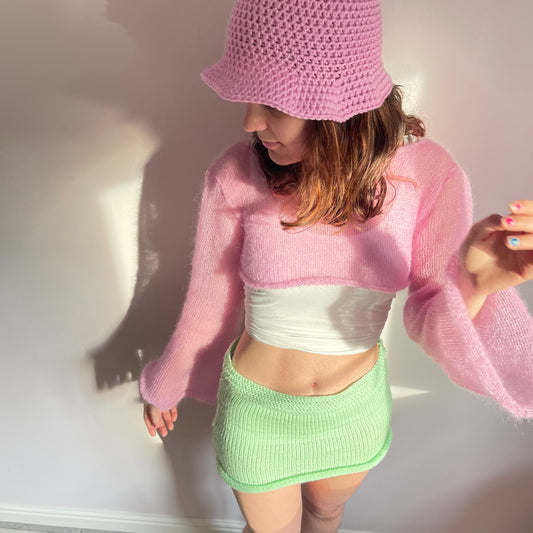 Handmade crochet bucket hat in baby pink