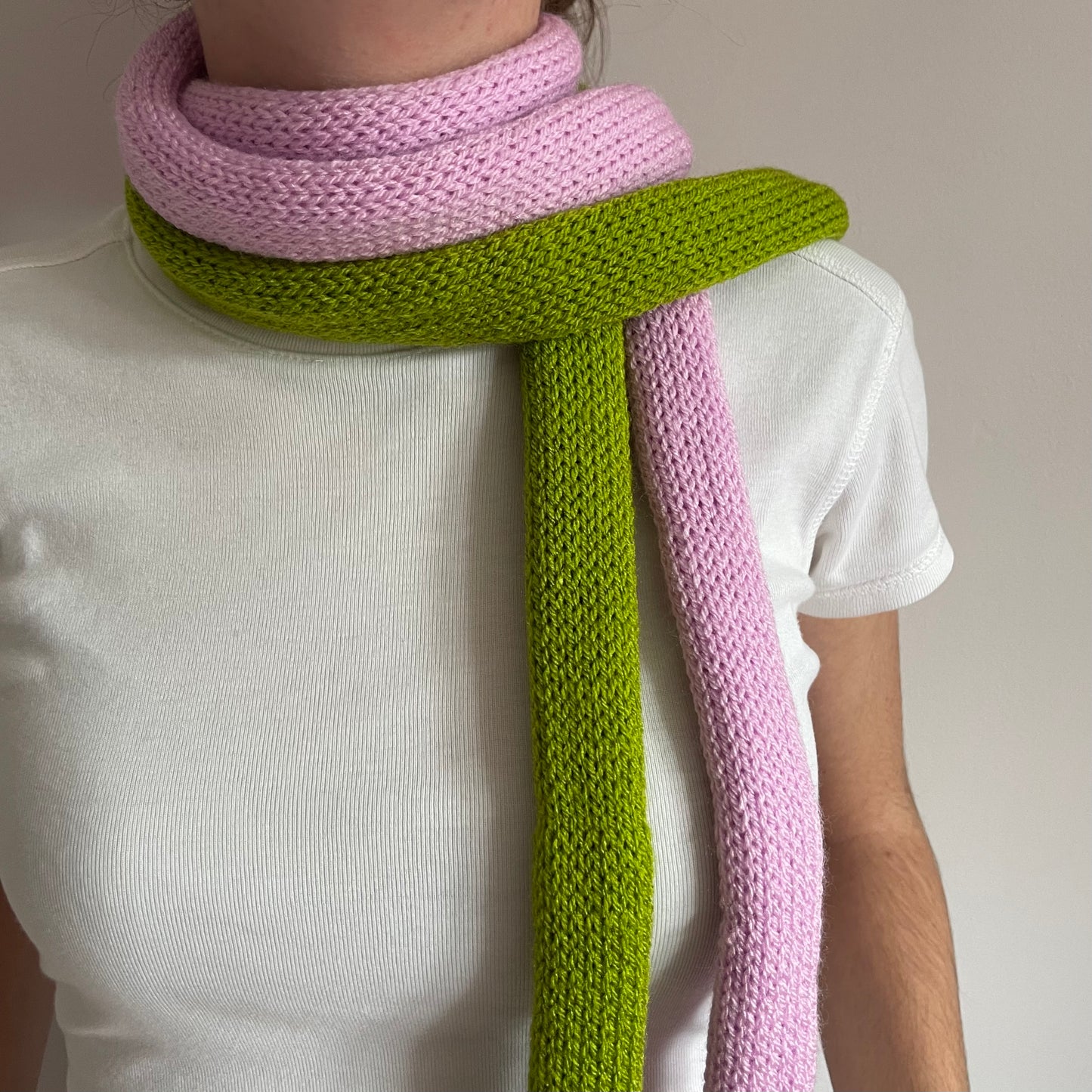 Handmade knitted skinny scarf in olive green