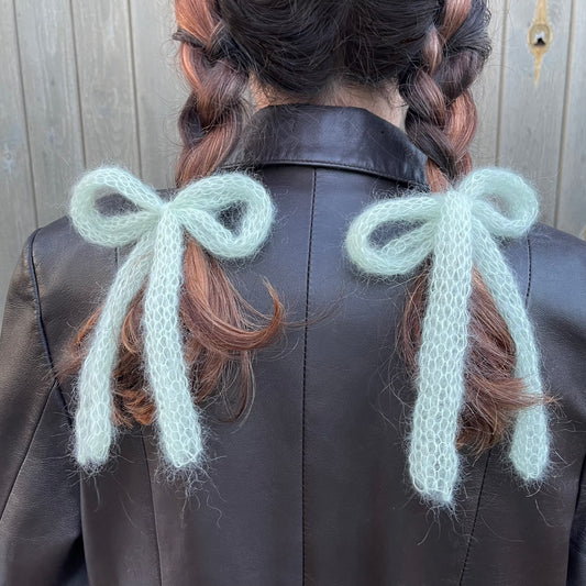 x2 handmade knitted mohair hair bows in pastel green (pair)