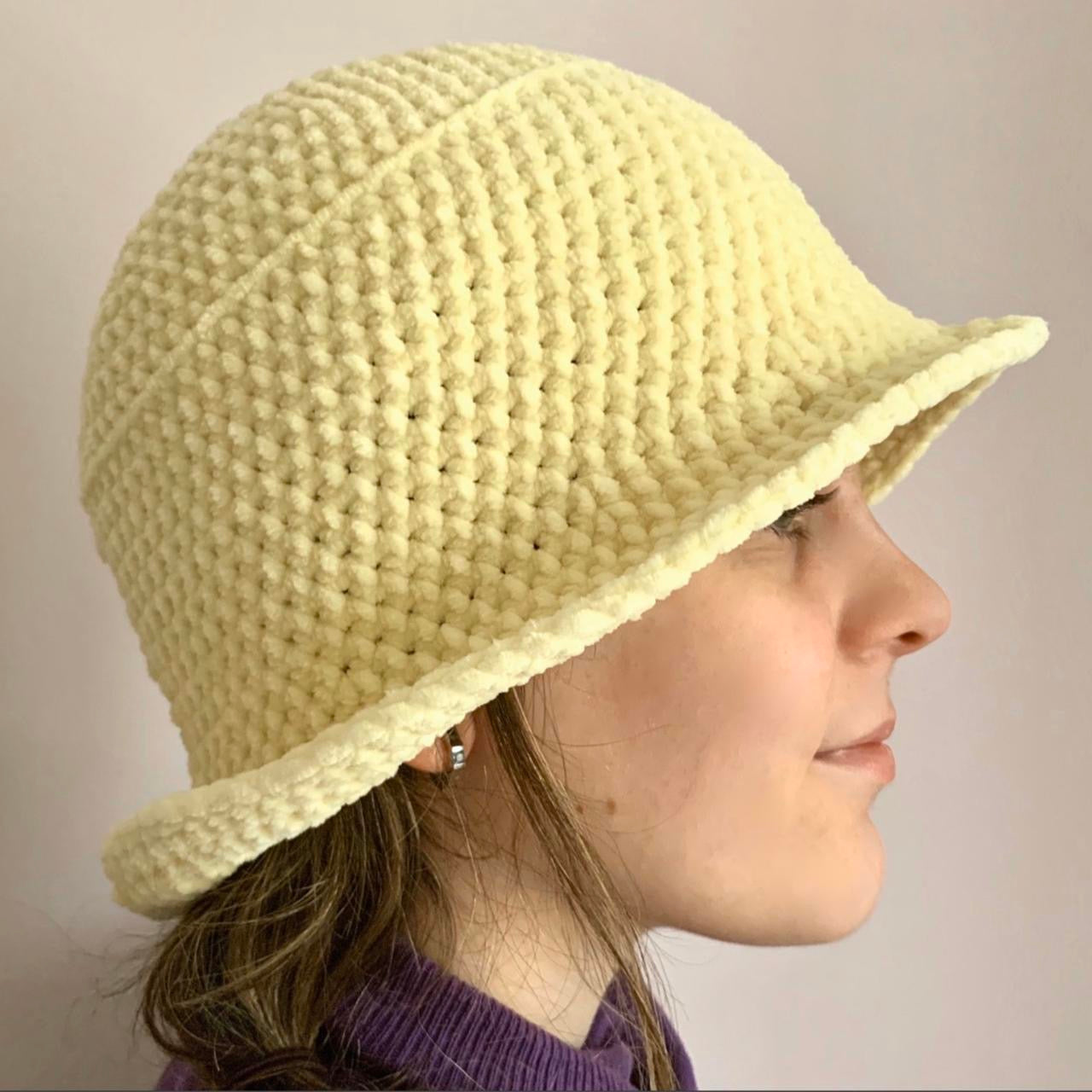 Handmade crushed velvet crochet bucket hat in pastel yellow