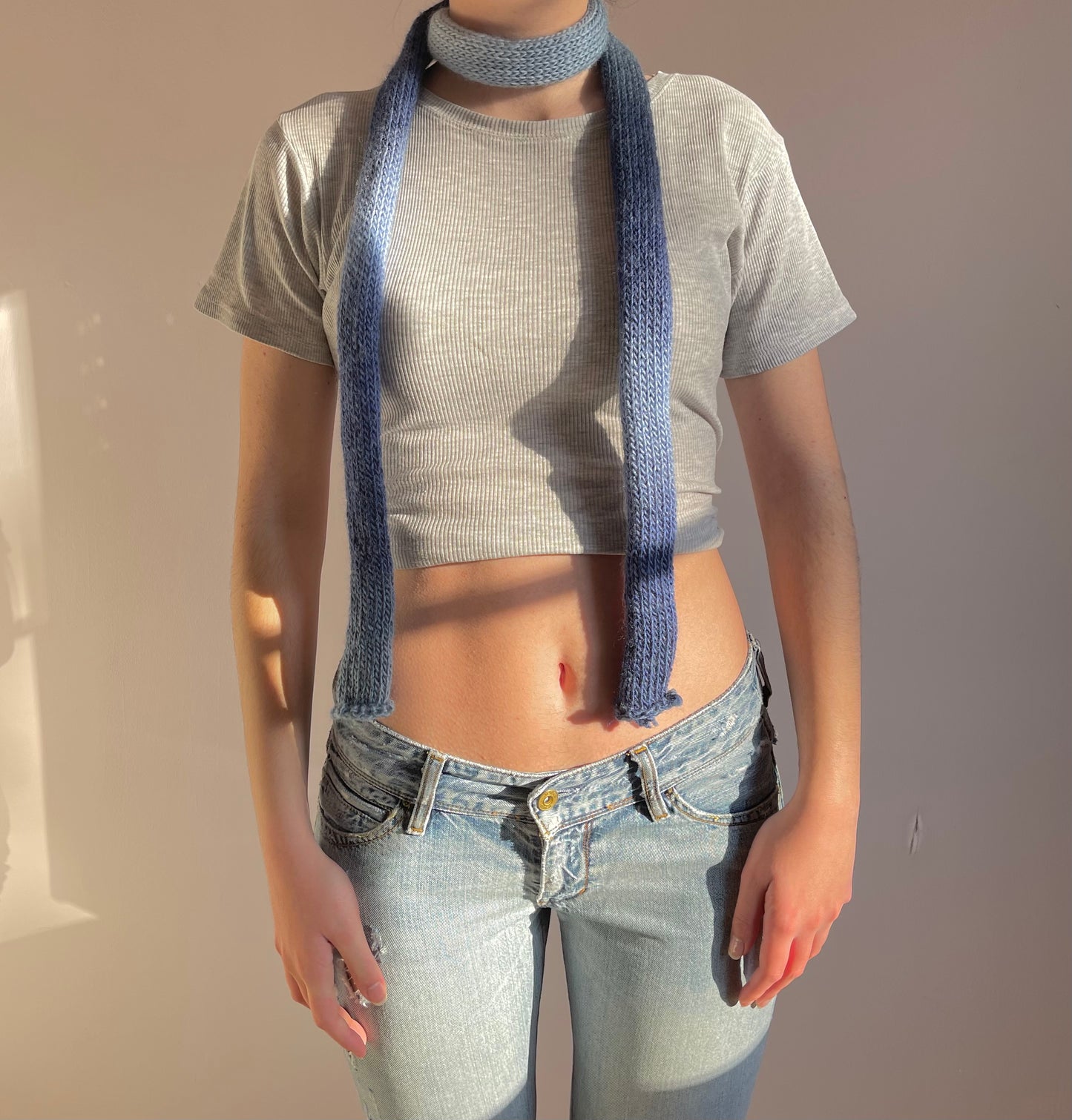 Handmade knitted ombré skinny scarf - blue shades colourway