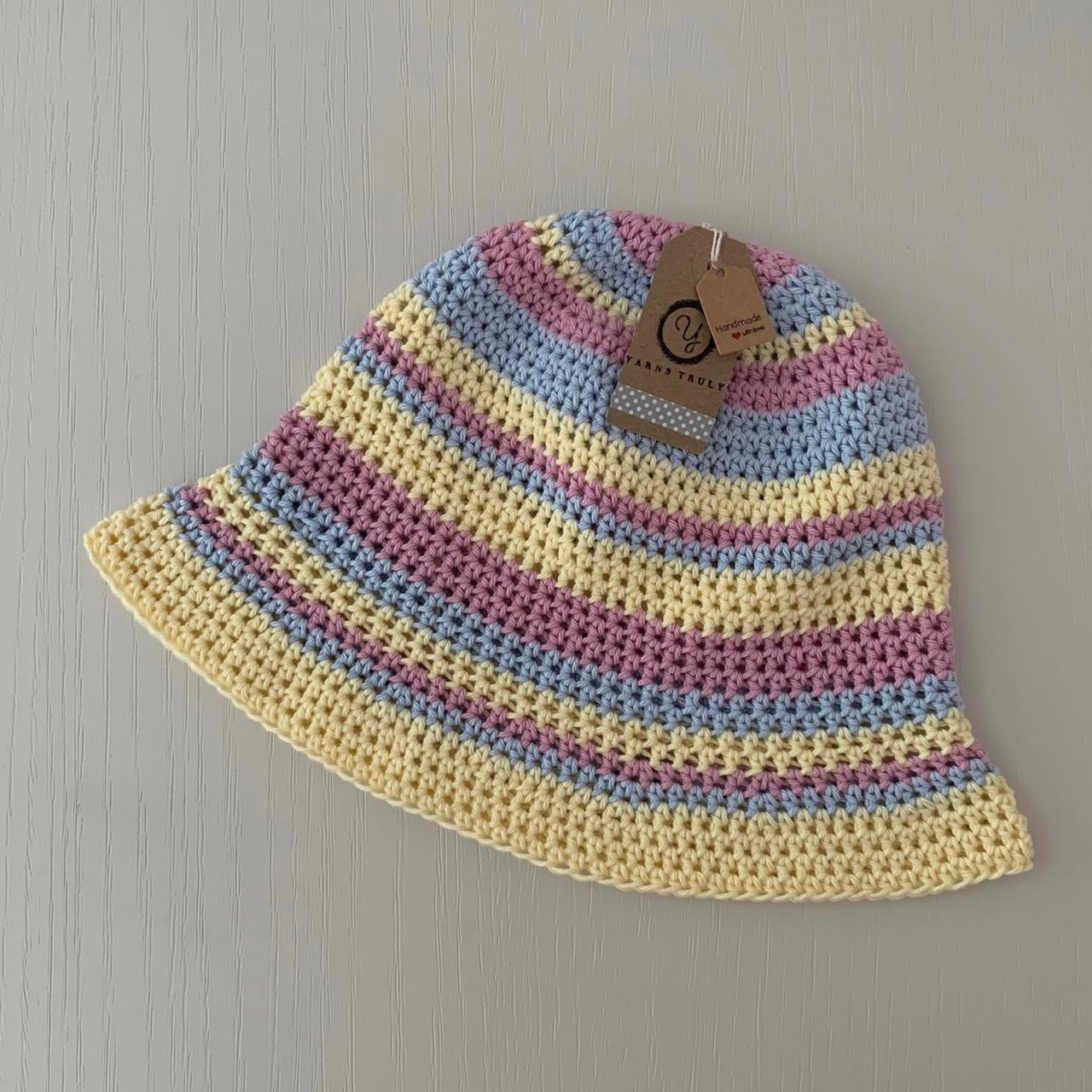 Handmade cotton crochet bucket hat in striped pastel shades