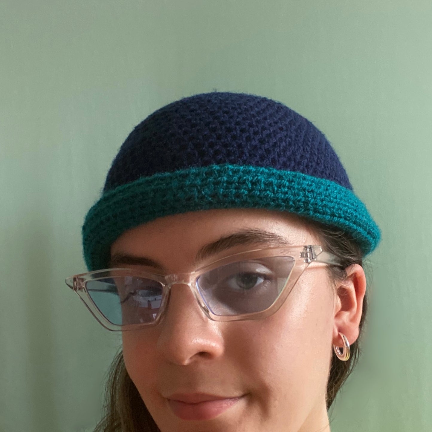 Handmade crochet colour block bucket hat in navy blue & teal