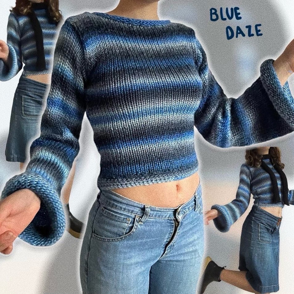 The Blue Daze Sweater - handmade knitted flared sleeve jumper