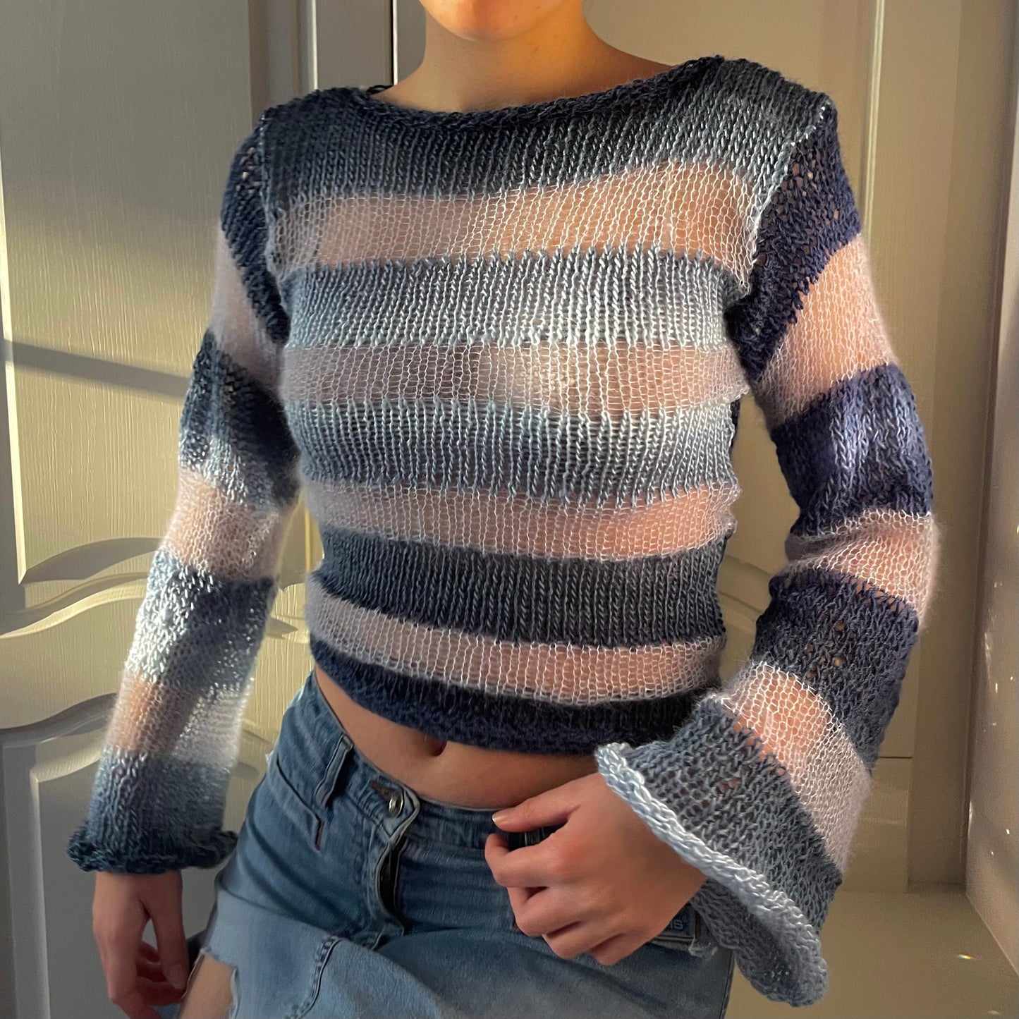 Handmade striped blue knitted mohair jumper with flared sleeves
