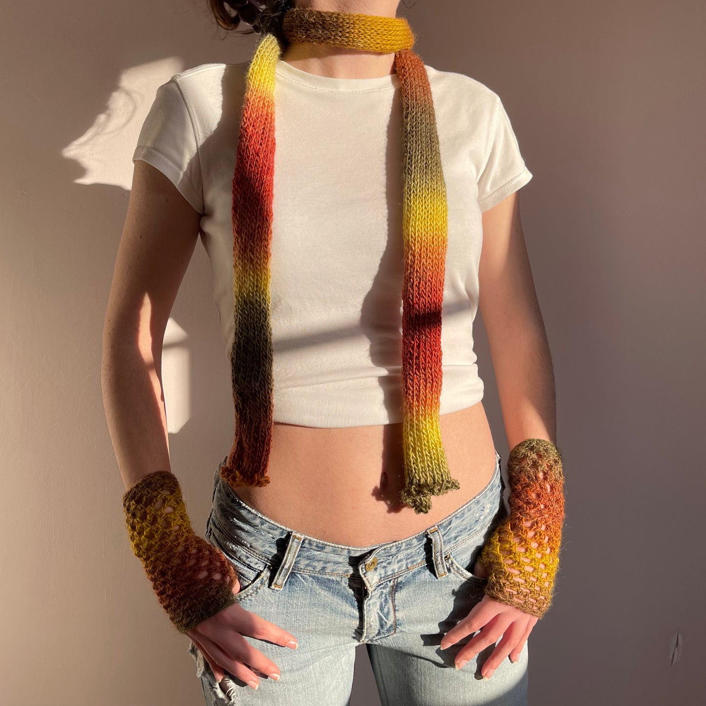 Handmade knitted ombré skinny scarf in earth tones