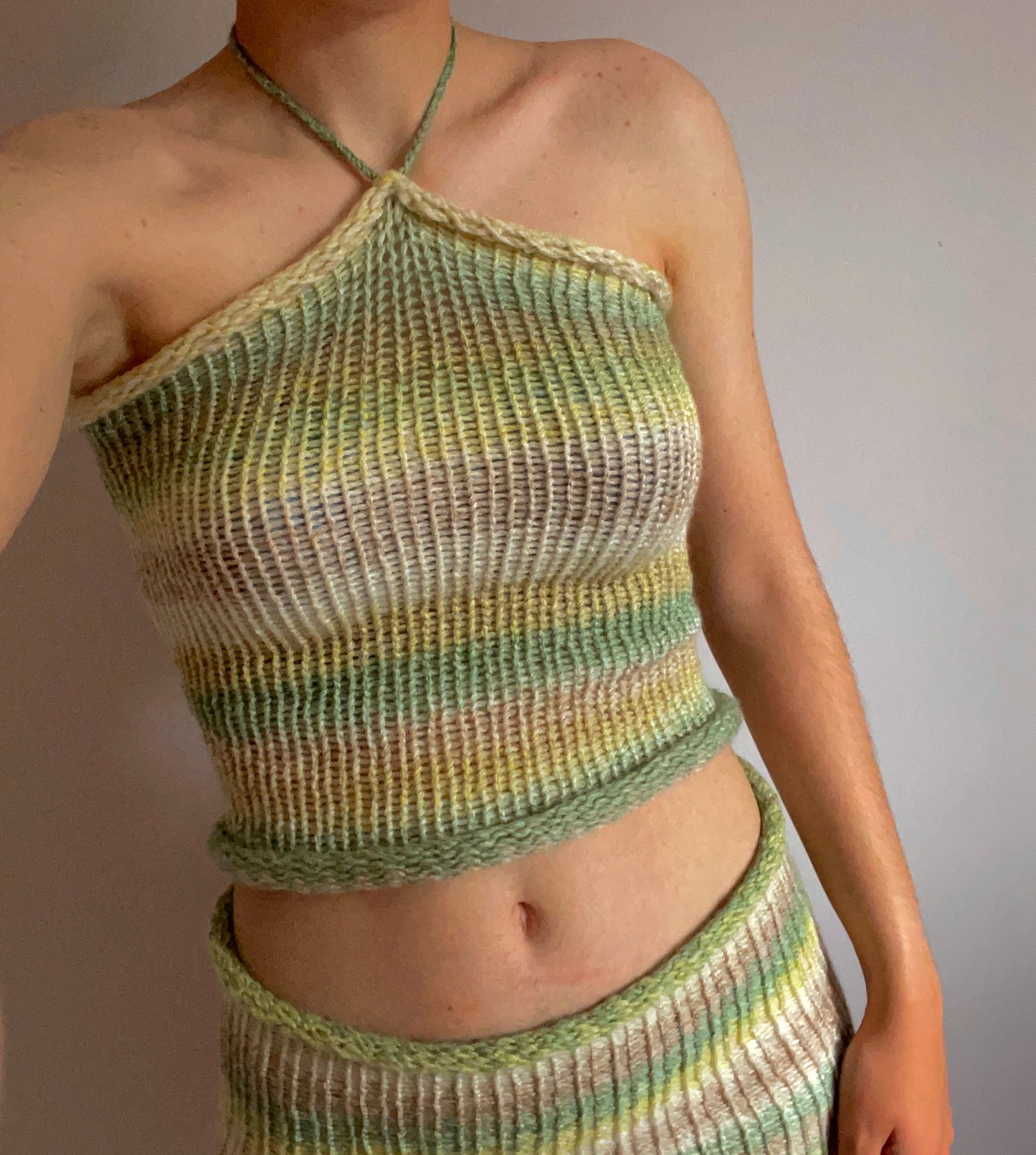 SET: Handmade knitted halter top and skirt in green, beige and cream