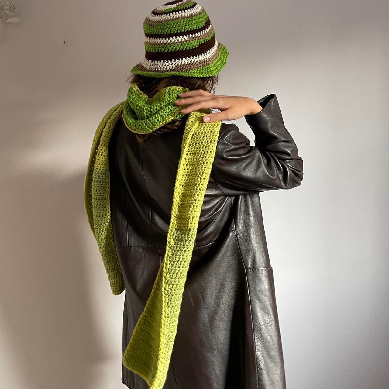Handmade green colour block crochet scarf