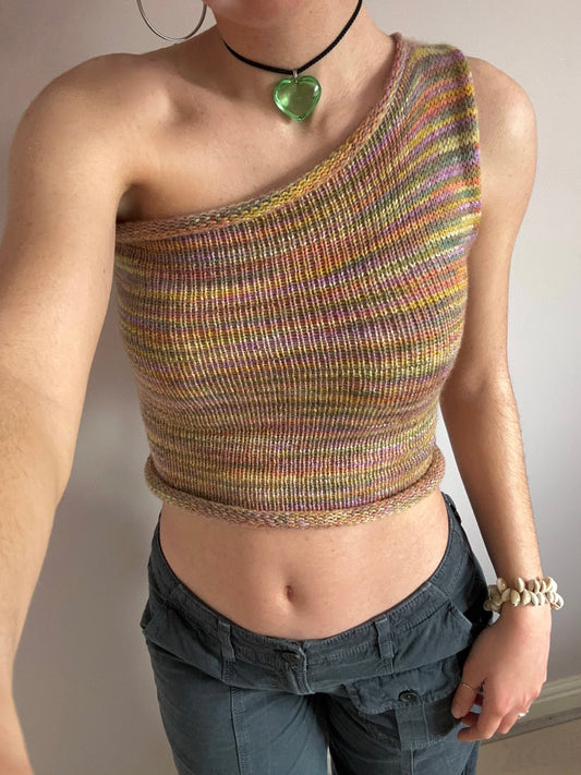 Handmade knitted one shoulder asymmetrical top in subtle earth tones