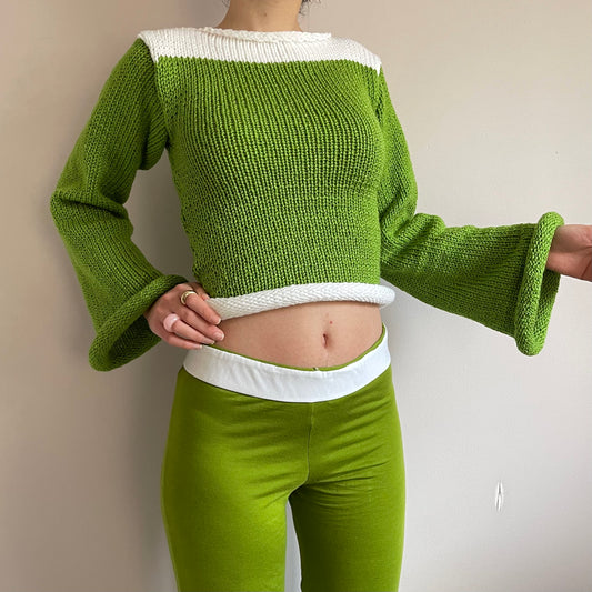 Handmade knitted colour block jumper in green and white