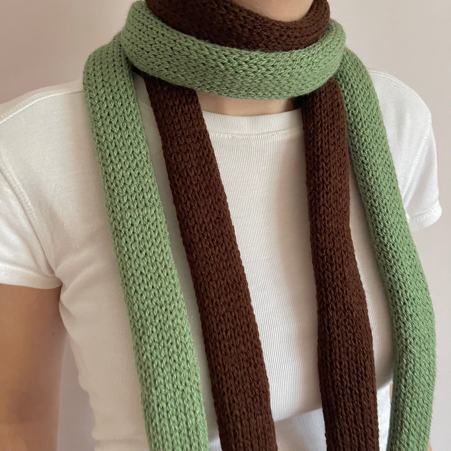 Handmade knitted skinny scarf in sage green