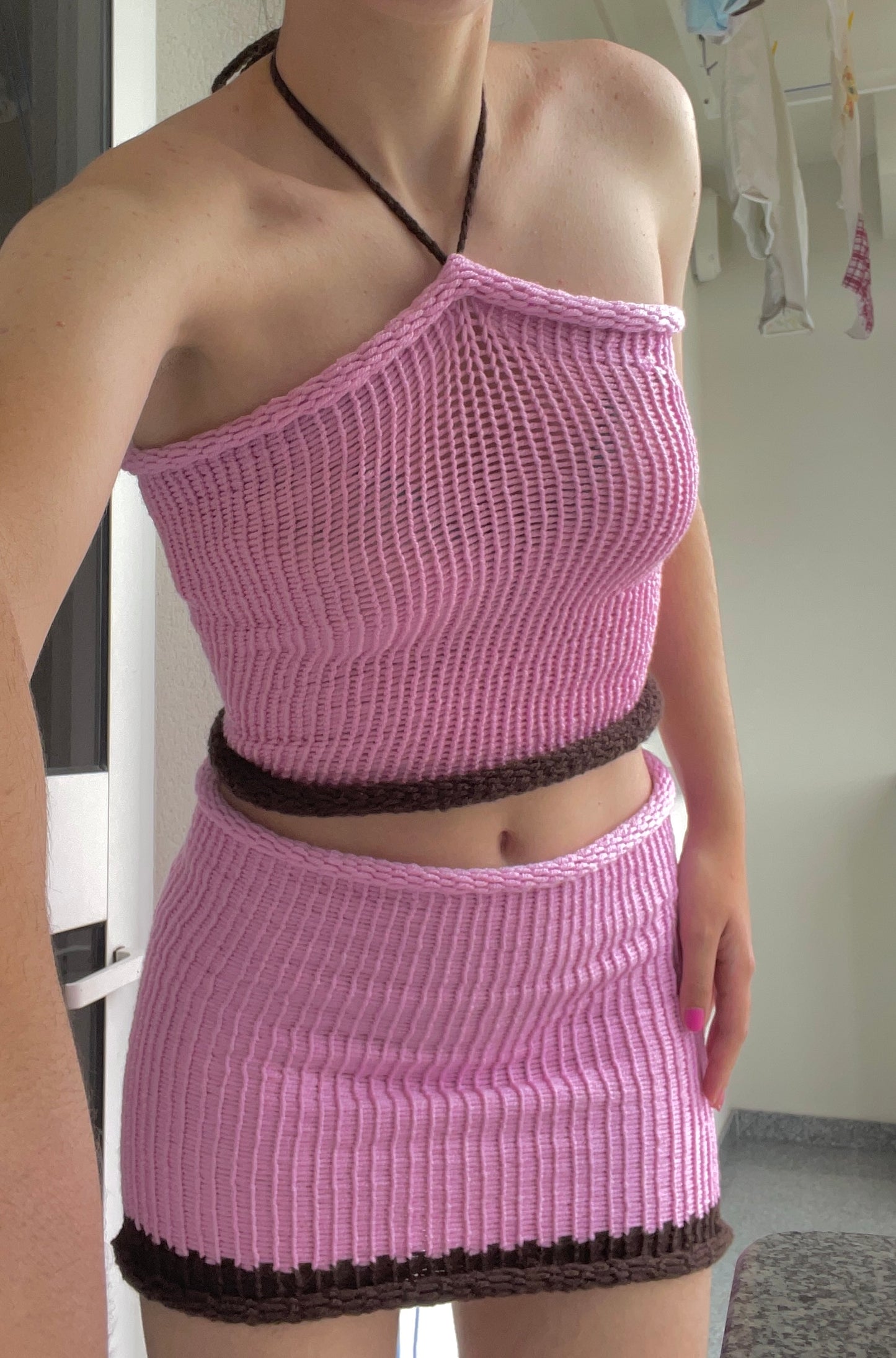 SET: handmade knitted colour block halter top and skirt in pink and brown