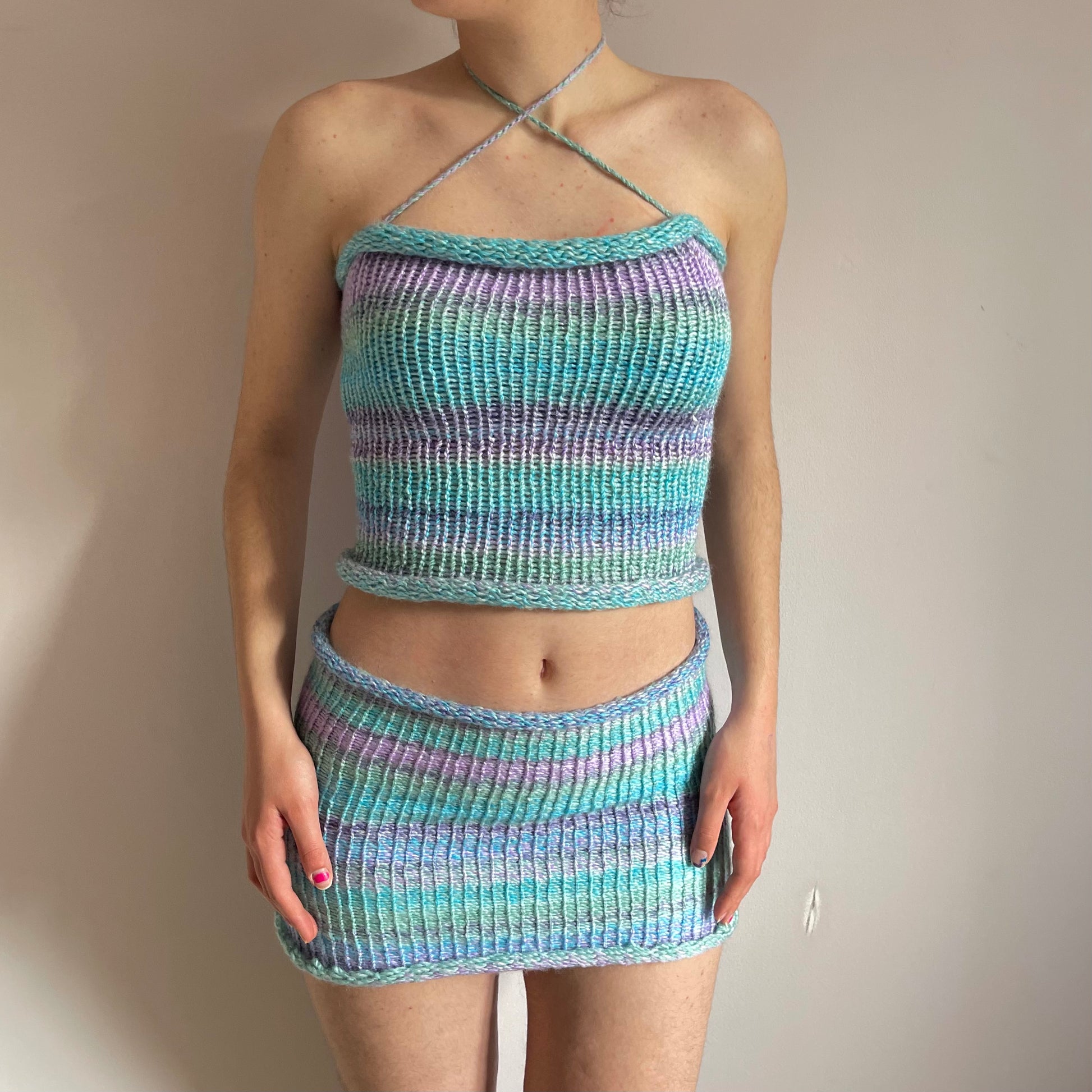 SET: Handmade knitted top and skirt in baby blue, mint green and