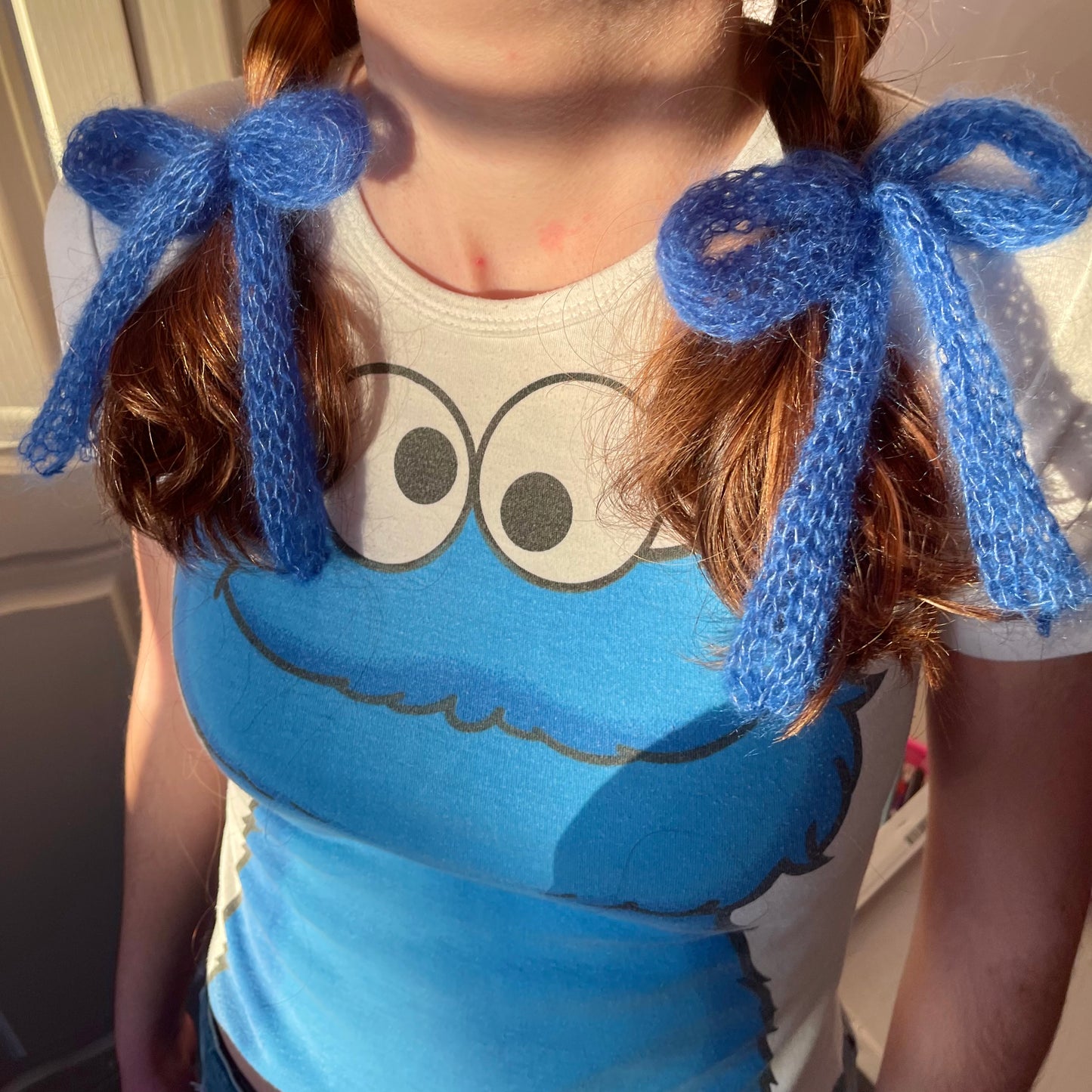 x2 handmade knitted hair bows in cobalt blue (pair)