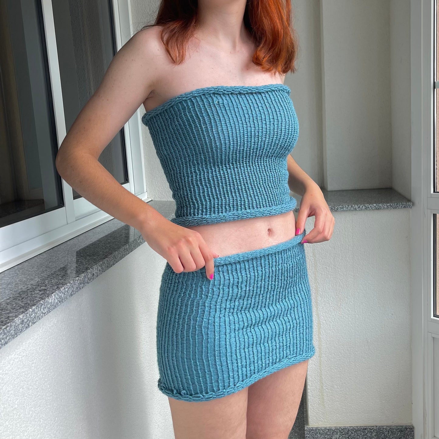 SET: Handmade knitted bandeau top and skirt in sea blue