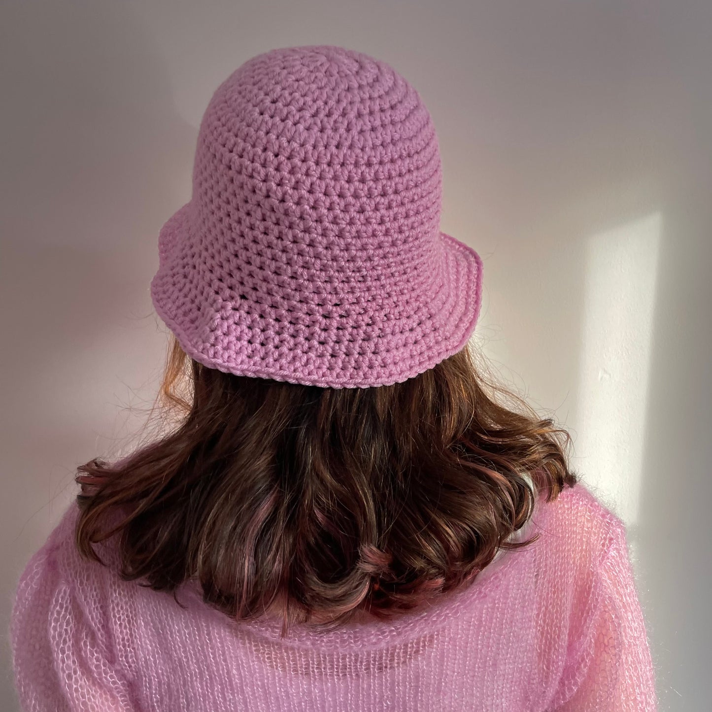 Handmade crochet bucket hat in baby pink