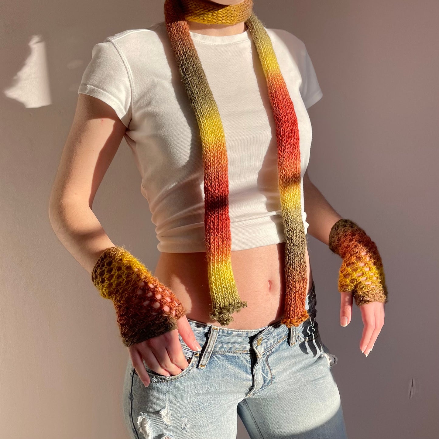 Handmade ombré crochet fishnet hand warmers in earth tones