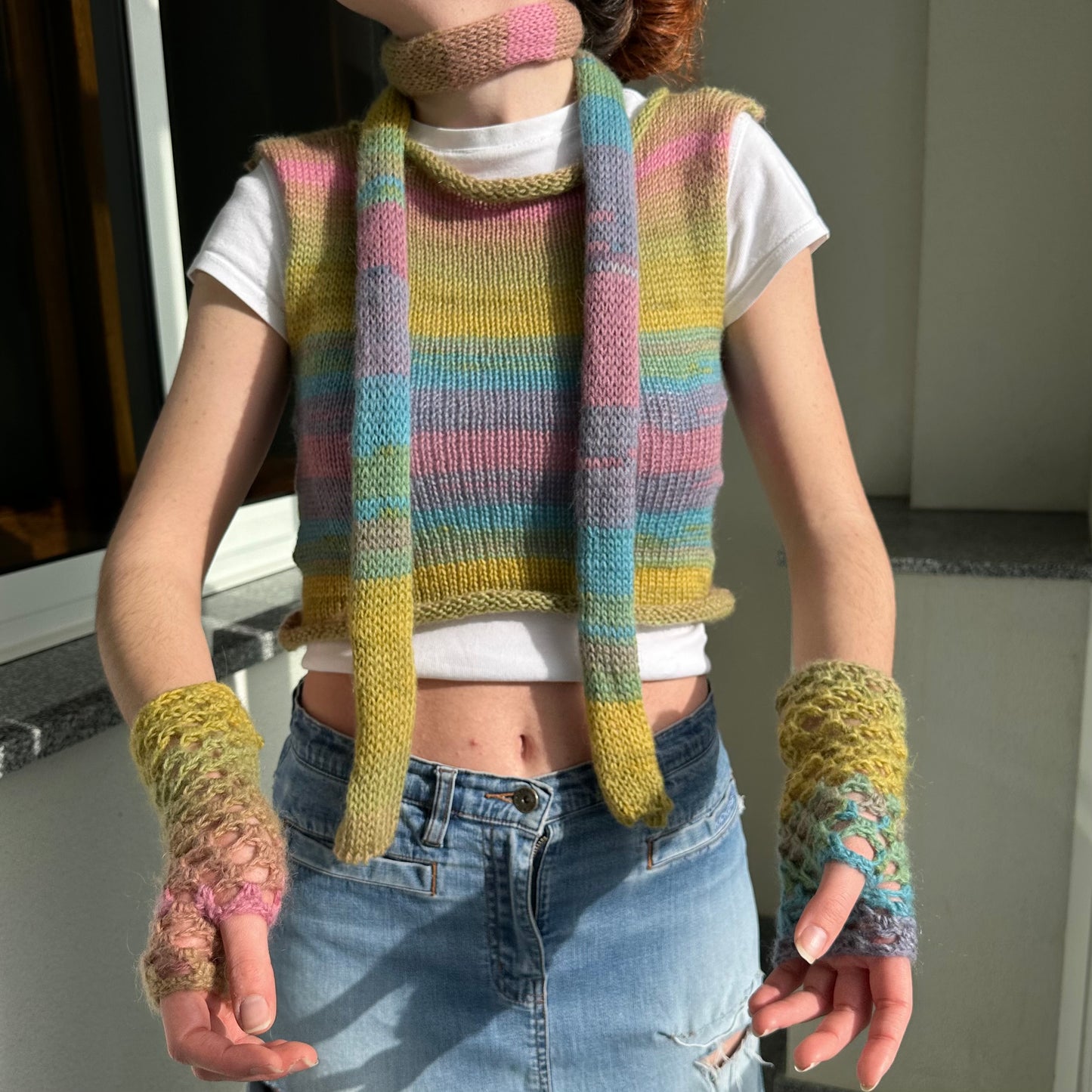 Handmade dusky rainbow crochet fishnet hand warmers