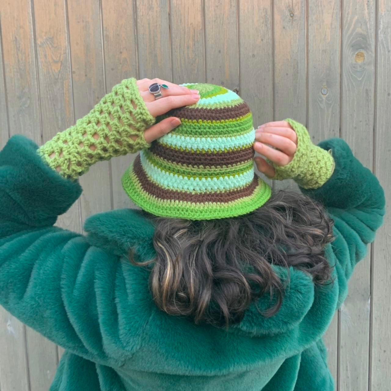 Handmade striped crochet bucket hat in green and brown