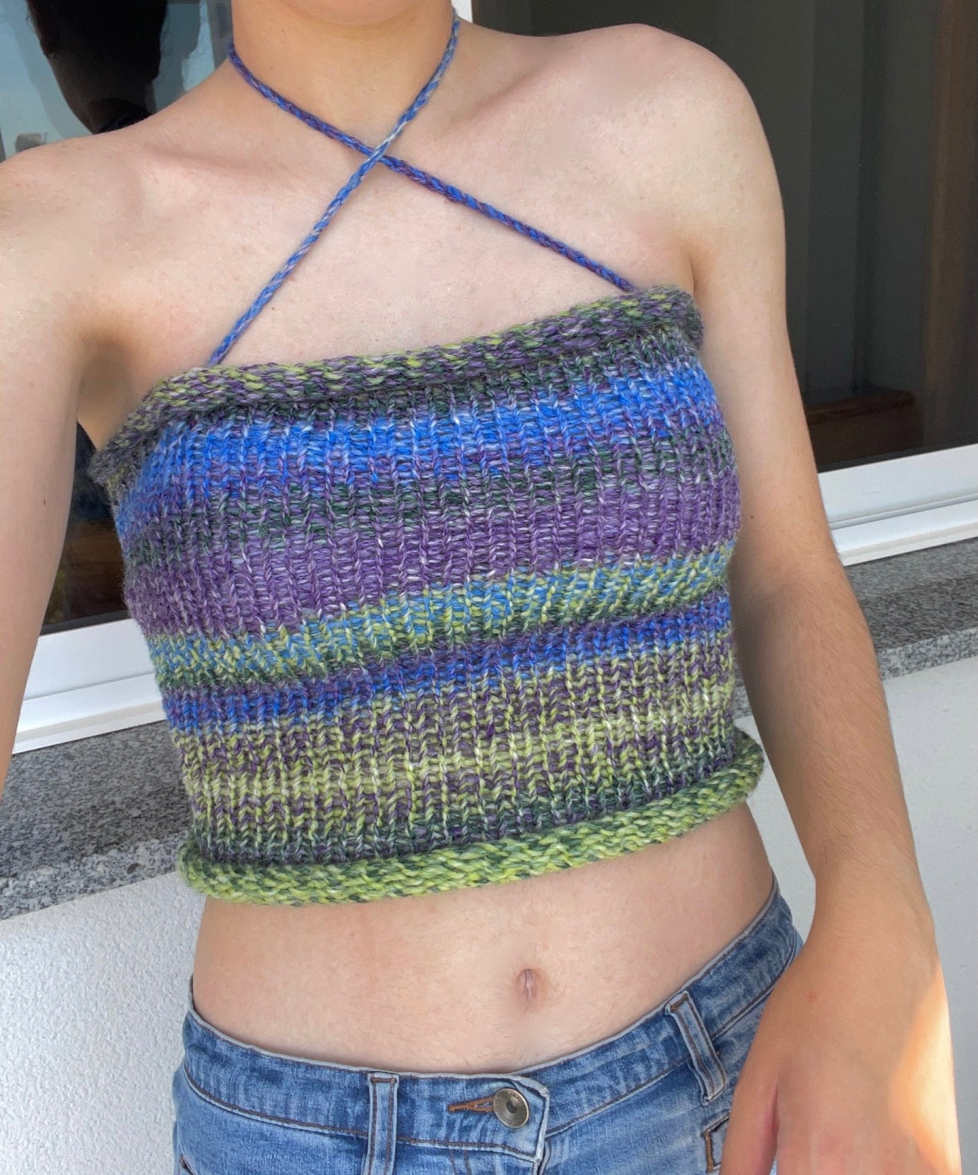 Handmade knitted criss cross halter top in purple, blue and green