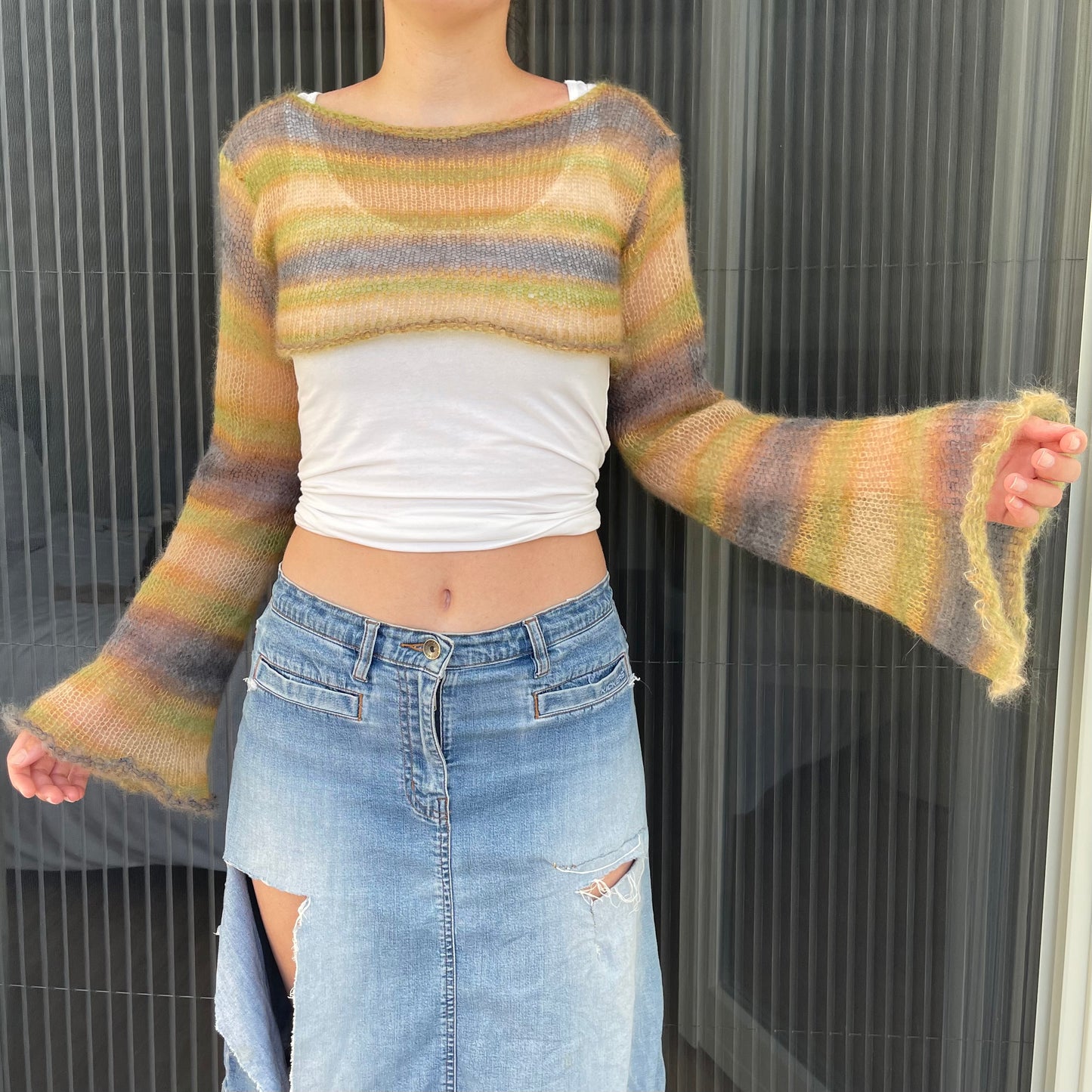 Handmade knitted mohair cropped jumper in ombré earth tones