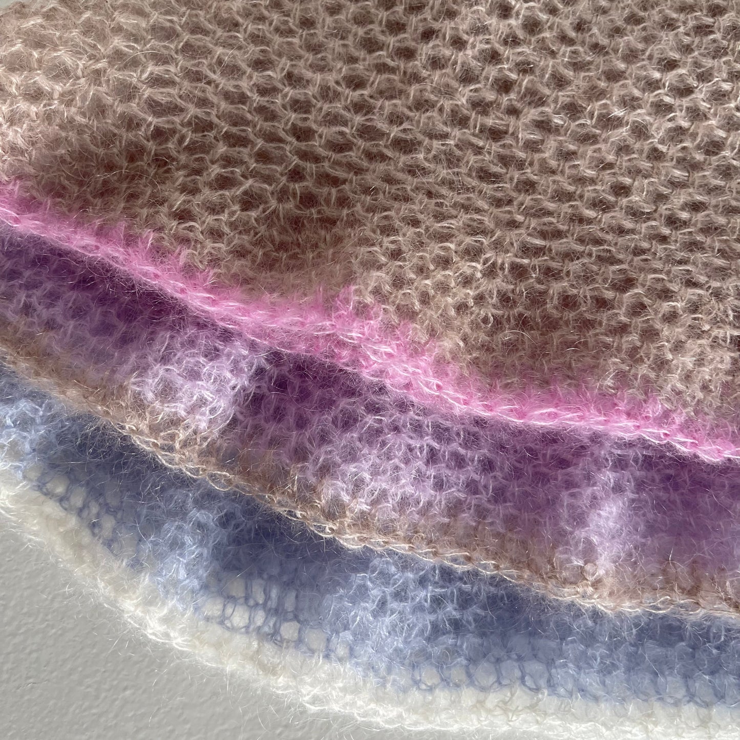 Handmade crochet mohair bucket hat in lilac with beige trim