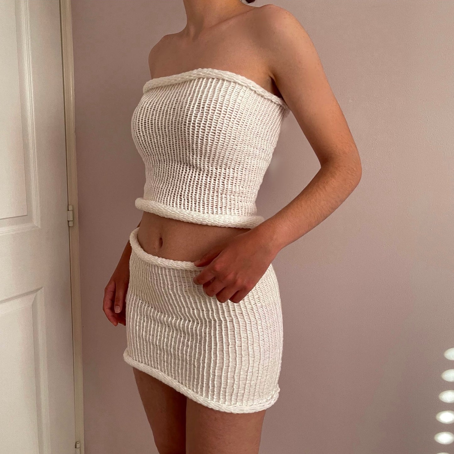 SET: Handmade knitted bandeau top and skirt in white